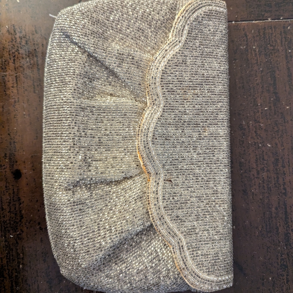 Silver Pearlized Beaded Clutch with Scalloped Detail